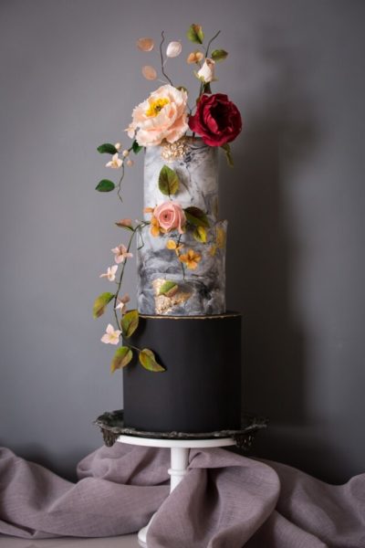 Dramatic black and marble wedding cake Devon