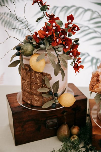 One tier gold embossed wedding cake lemons and olives Devon wedding cakes