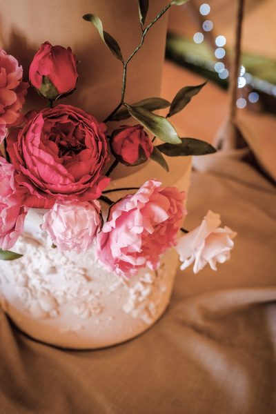Devon wedding cake pink sugar roses and peony